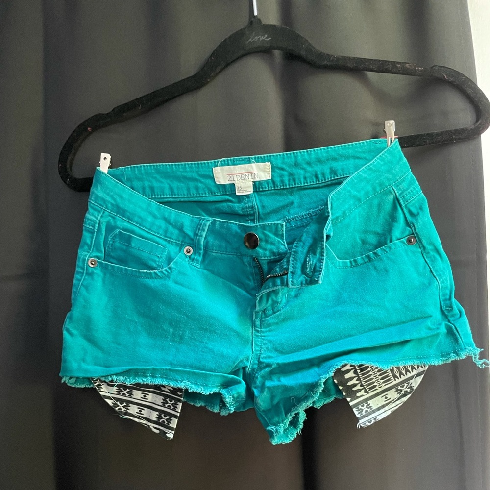 F21 Teal Tribal Print Pockets Cutoff Shorts
